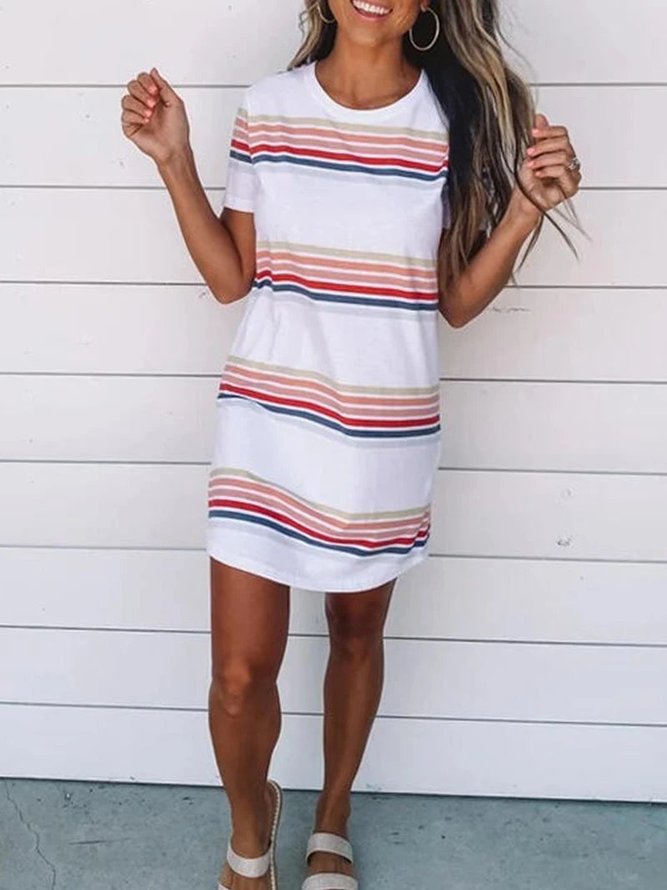 Short Sleeve Striped Vintage Cotton-Blend Weaving Dress