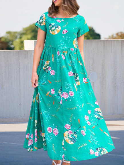 Casual Short Sleeve Cotton-Blend Floral Weaving Dress