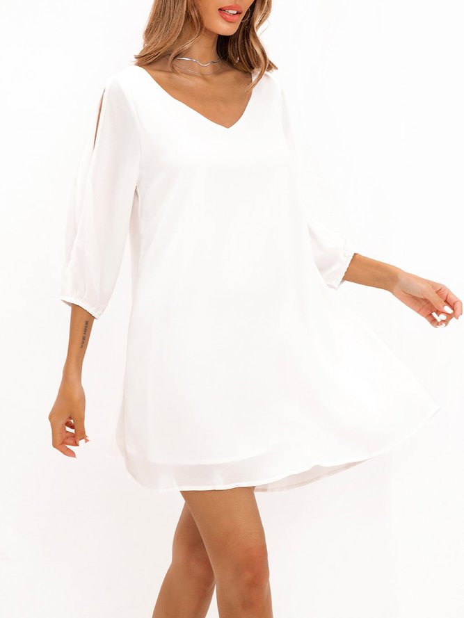 White V Neck Half Sleeve Chiffon Weaving Dress