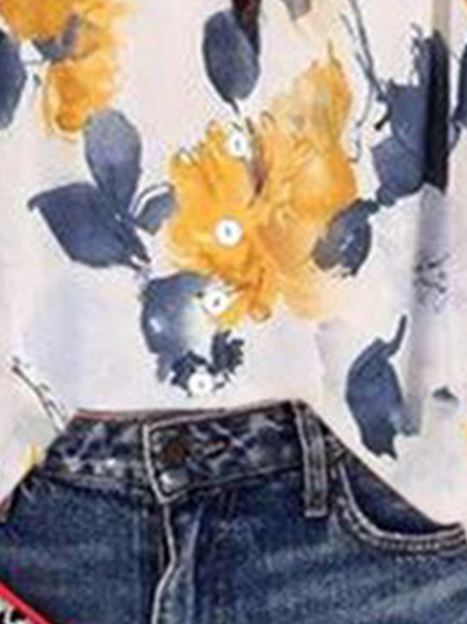 V Neck Boho Floral-Print Long Sleeve Blouse
