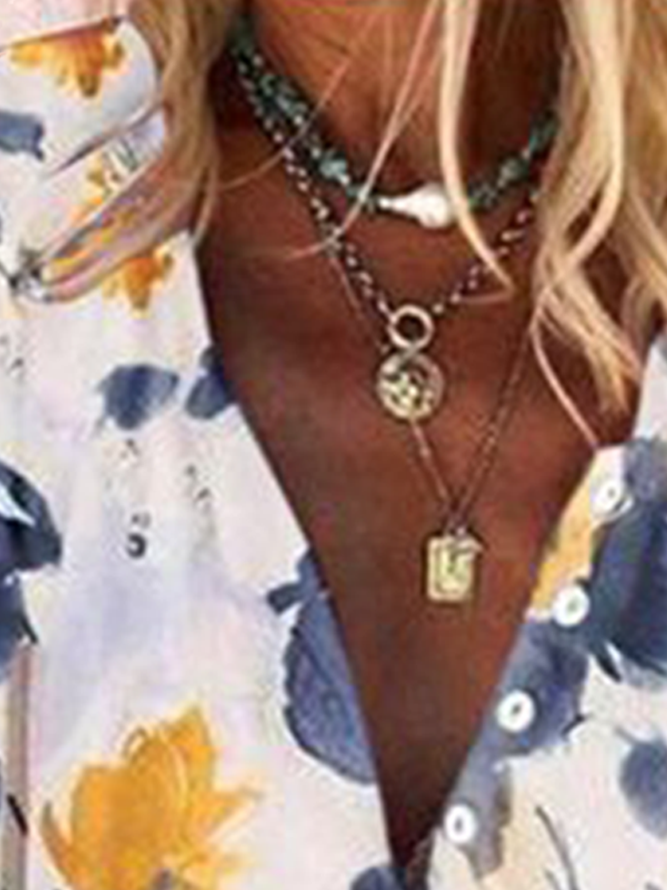 V Neck Boho Floral-Print Long Sleeve Blouse