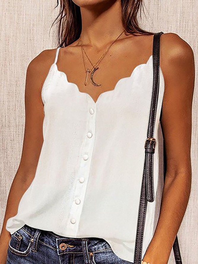 White Spaghetti Straps Buttoned V Neck Vest
