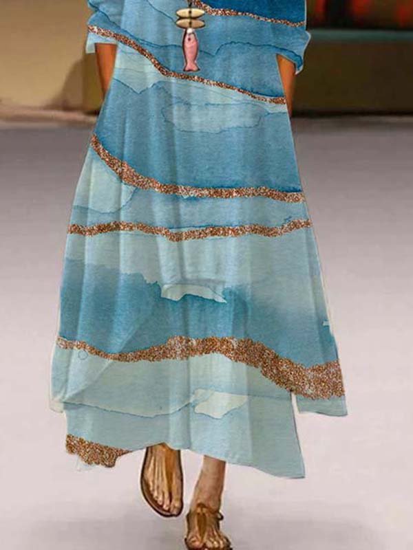 3/4 Sleeve Cotton-Blend Printed Casual Women Dress