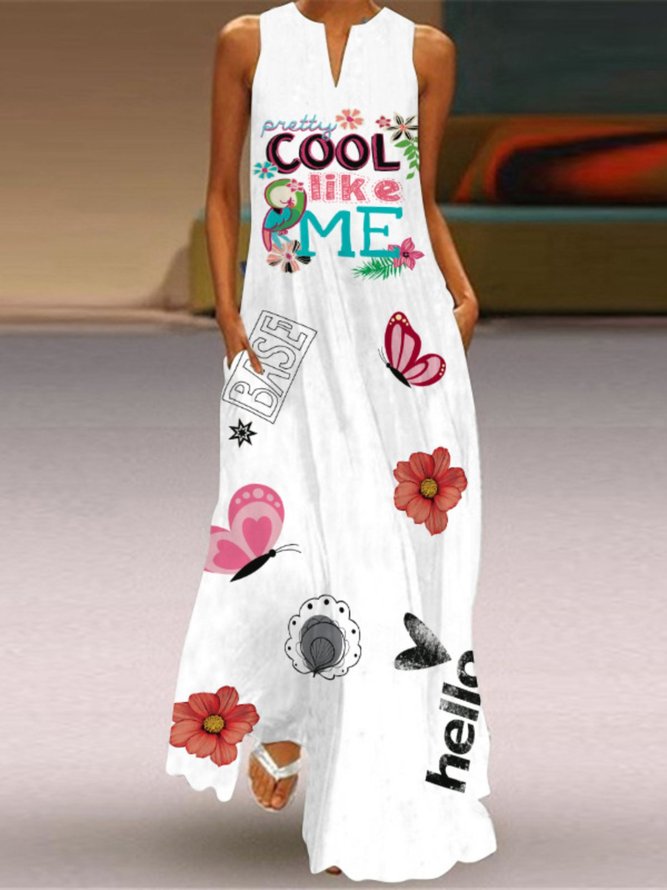 Vintage Floral Printed Statement Sleeveless V Neck Casual Knitting Dress