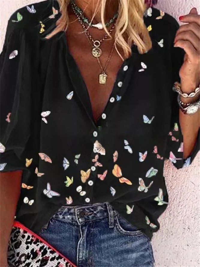 Women Butterfly Casual Long sleeve Vacation Blouse