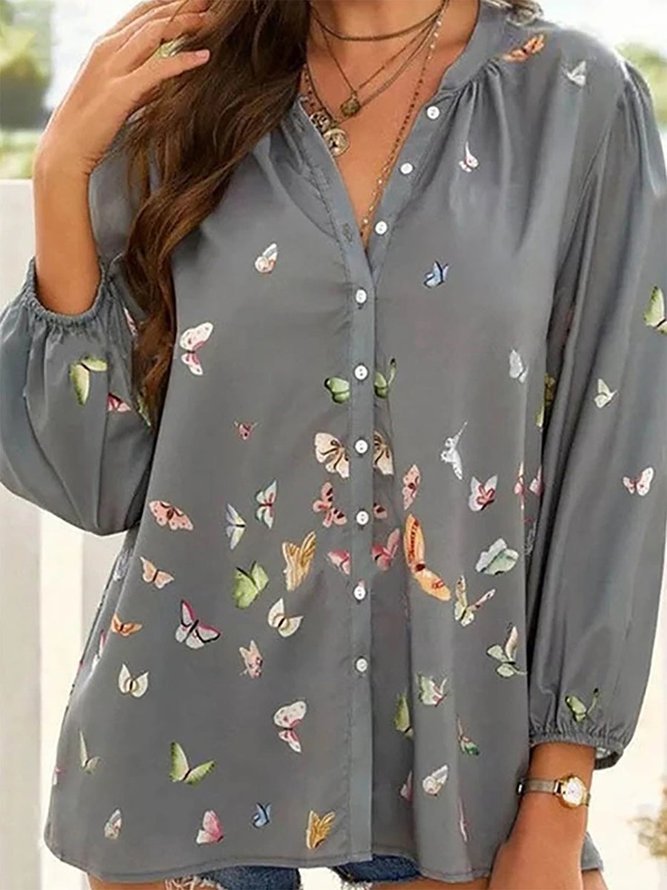 Colorful Butterfly Print Chiffon Long Sleeve Shirt