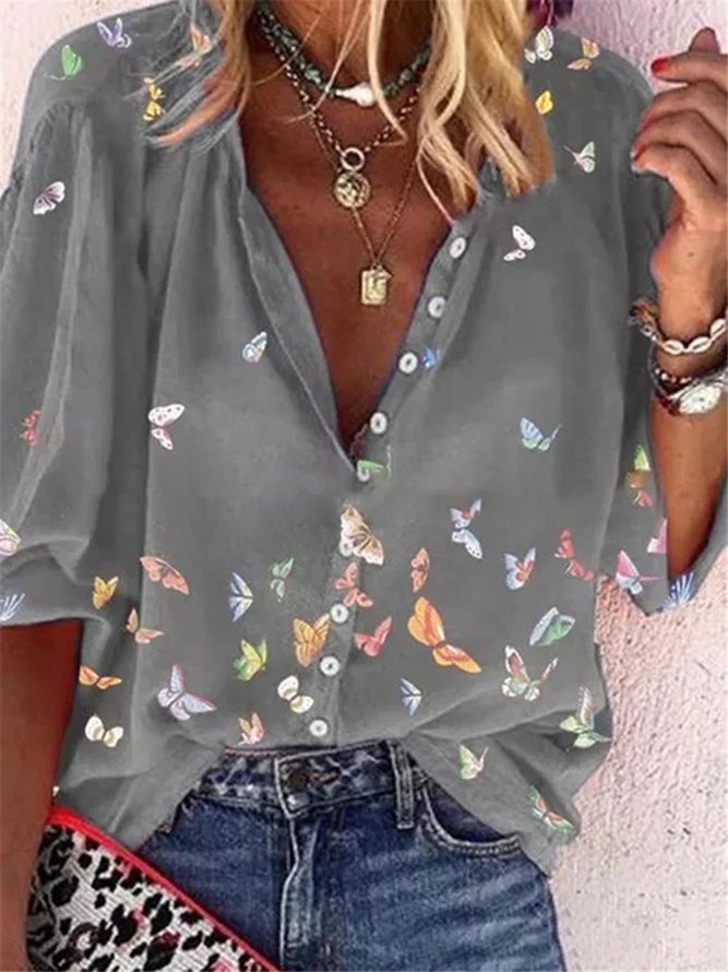 Colorful Butterfly Print Chiffon Long Sleeve Shirt