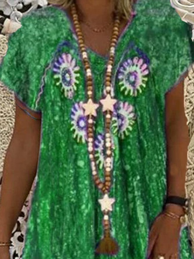 New Women Chic Vintage Boho Hippie Holiday V Neck Cotton Short Sleeve Women Dress