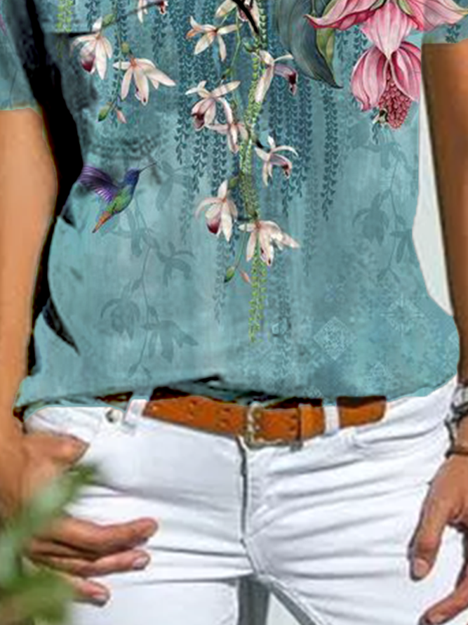 Floral Shirt Collar Vintage Short Sleeve Blouse