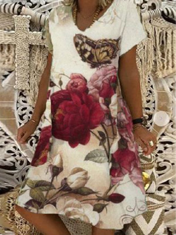 Casual Holiday V Neck Short Sleeve Floral Butterfly Weaving Dress