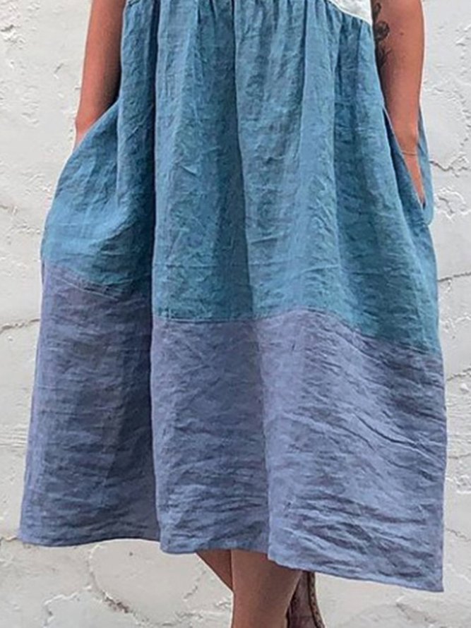 Color-Block Vintage Crew Neck Linen Weaving Dress