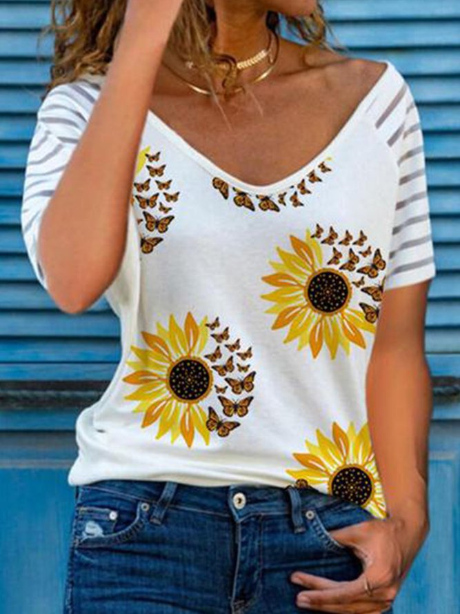 Short Sleeve Cotton-Blend Floral T-shirt