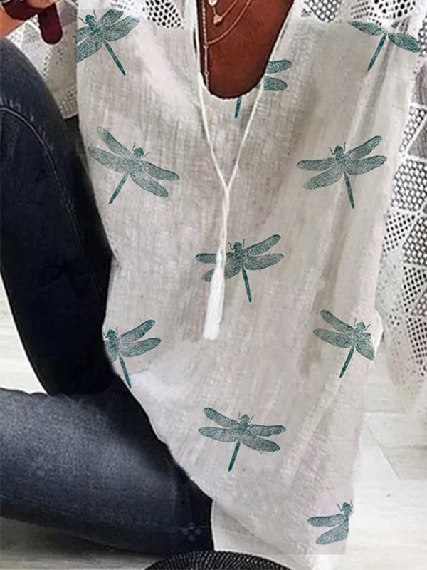 Printed Casual 3/4 Sleeve Cotton-Blend Top