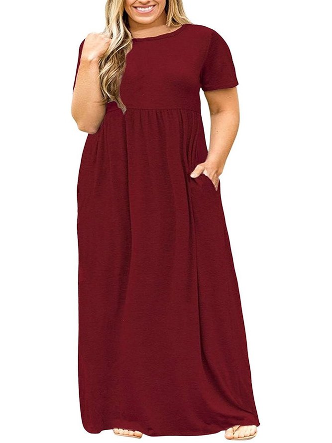 Short Sleeve Round Neck Cotton Solid Weaving Dress