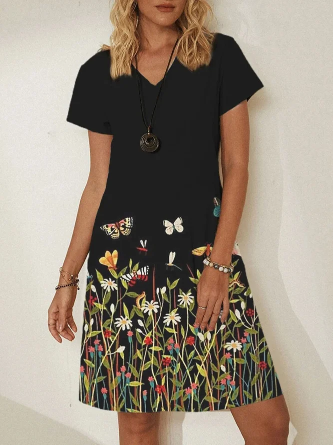 Floral Short Sleeve Casual Printed Weaving Dress