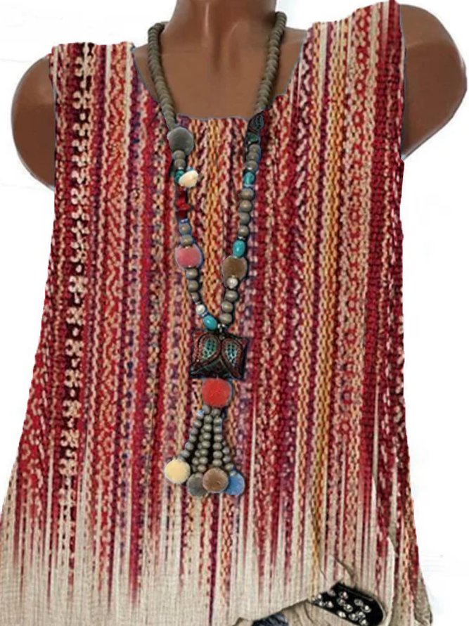 Paisley  Sleeveless  Printed  Polyester  Crew Neck  Vintage Summer  Red Top