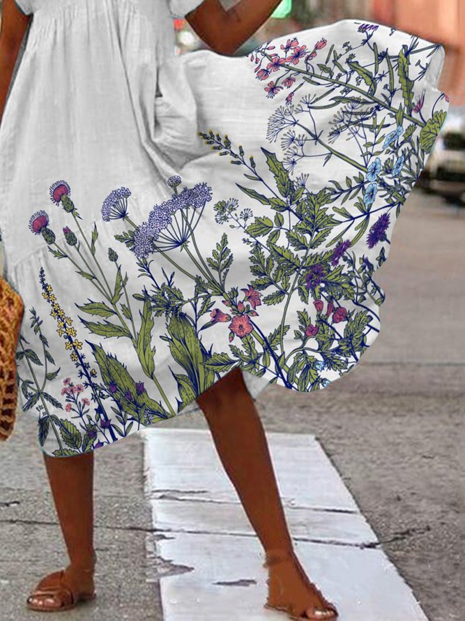 2021 Summer Casual Hem Floral Print V Neck Holiday Women Dress