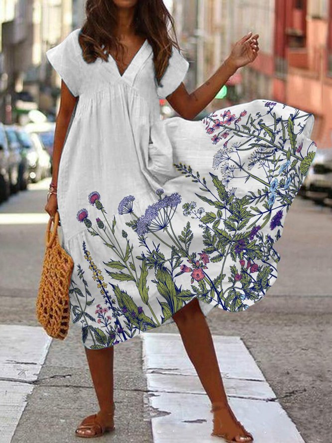 2021 Summer Casual Hem Floral Print V Neck Holiday Women Dress
