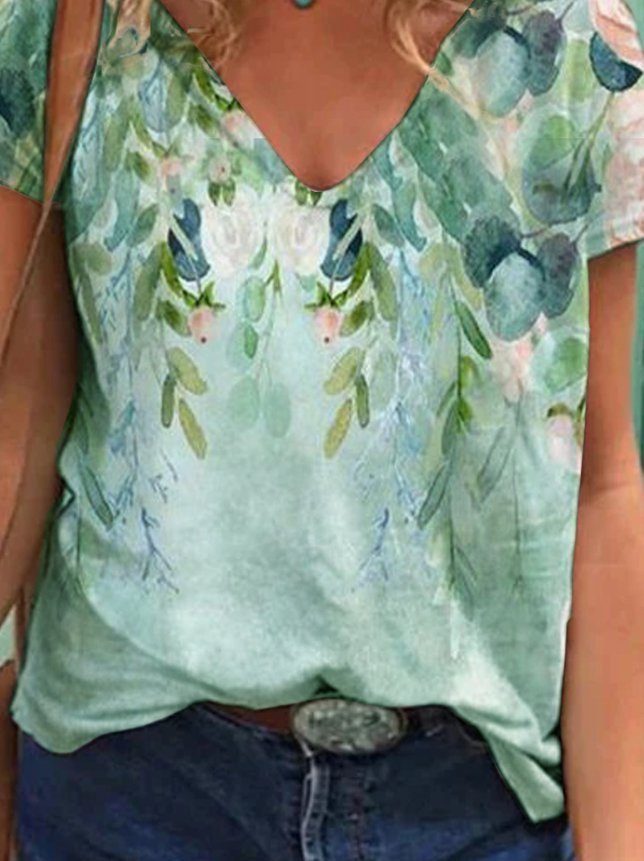 Floral  Short Sleeve  Printed Cotton-blend  V neck  Casual  Summer Green Top