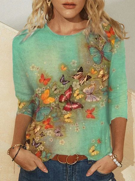 Casual Butterfly Print Cotton-Blend Crew Neck T-shirt