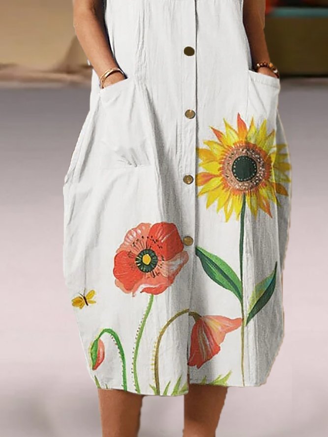 Floral-print Button Pocket Sleeveless V-neck Dress For Women