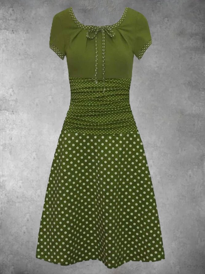 Crew Neck Short Sleeve Casual Polka Dots Weaving Dress