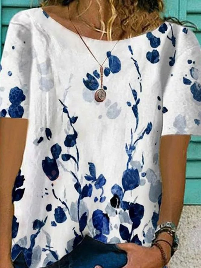 Printed Crew Neck Vintage Short Sleeve Top