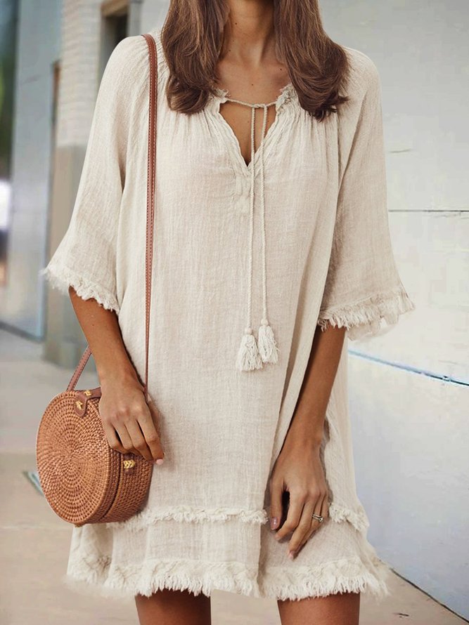 Plain Cotton-Blend Short Sleeve Holiday Women Dress