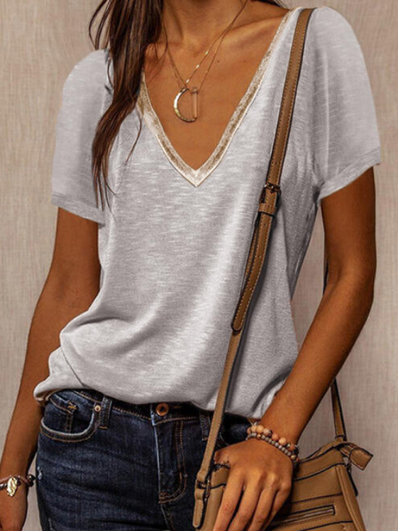 Short Sleeve Plain Shift V Neck T-shirt