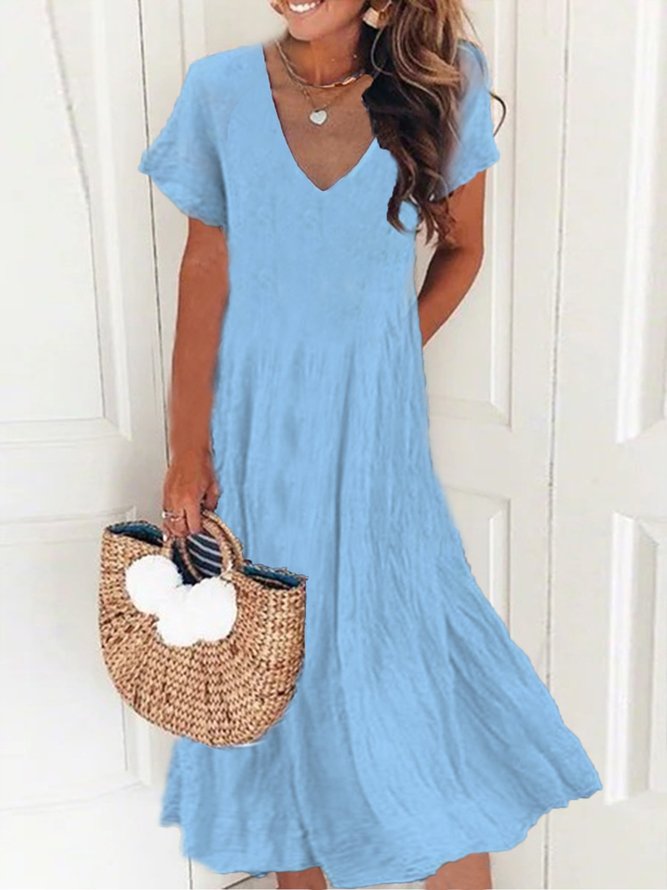 Women Plain Summer Casual Polyester V neck Daily Midi Fit No Dresses