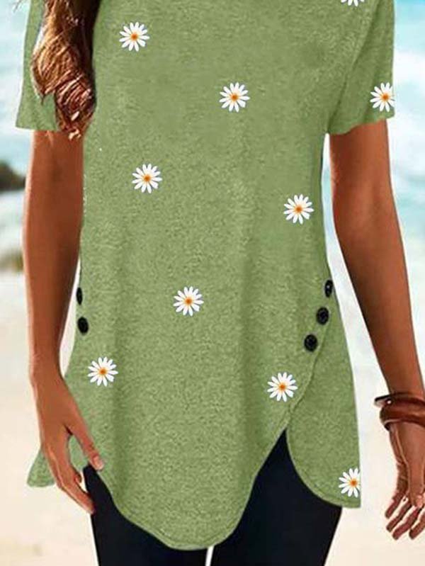 Floral-print Crew Neck Short Sleeve Casual Top