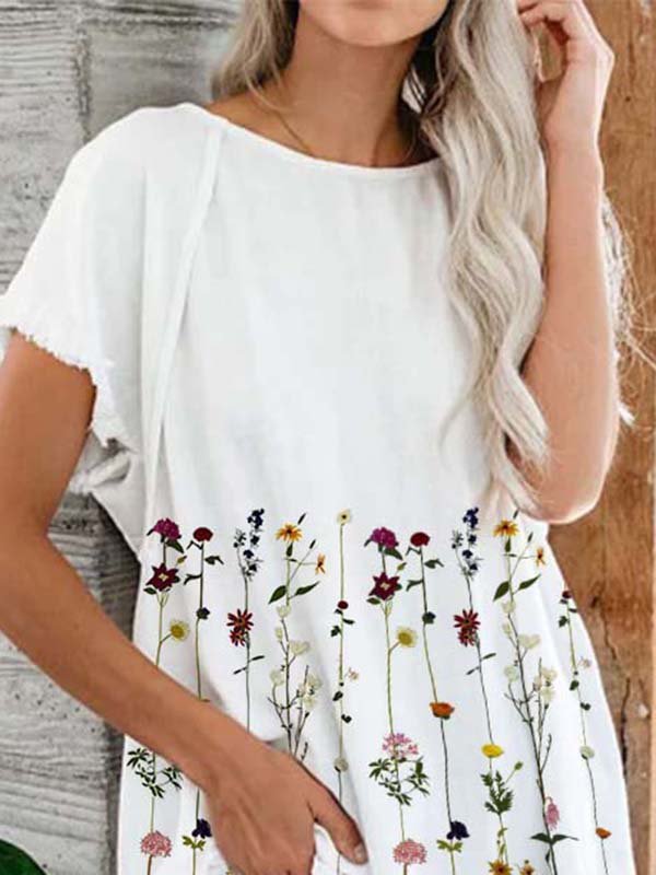 Casual Crew Neck Cotton-Blend Floral-Print Top