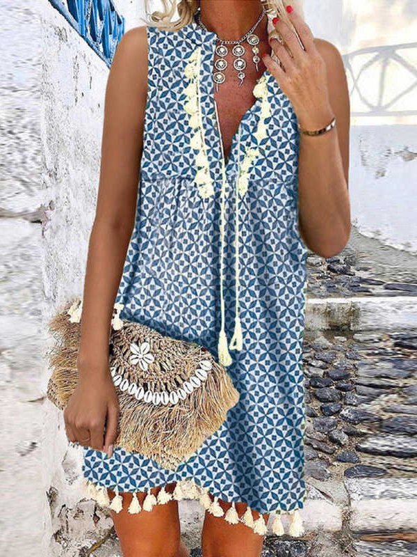 Geometric Casual V Neck Weaving Dress