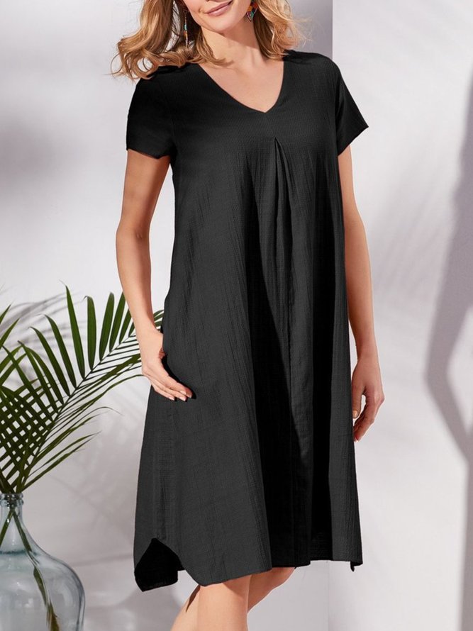 V Neck Cotton-Blend Plain Holiday Weaving Dress