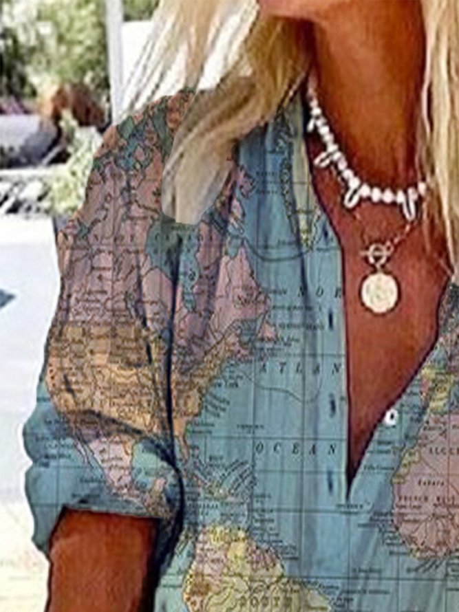 Vintage 3/4 Sleeve Map Printed V Neck Casual Top