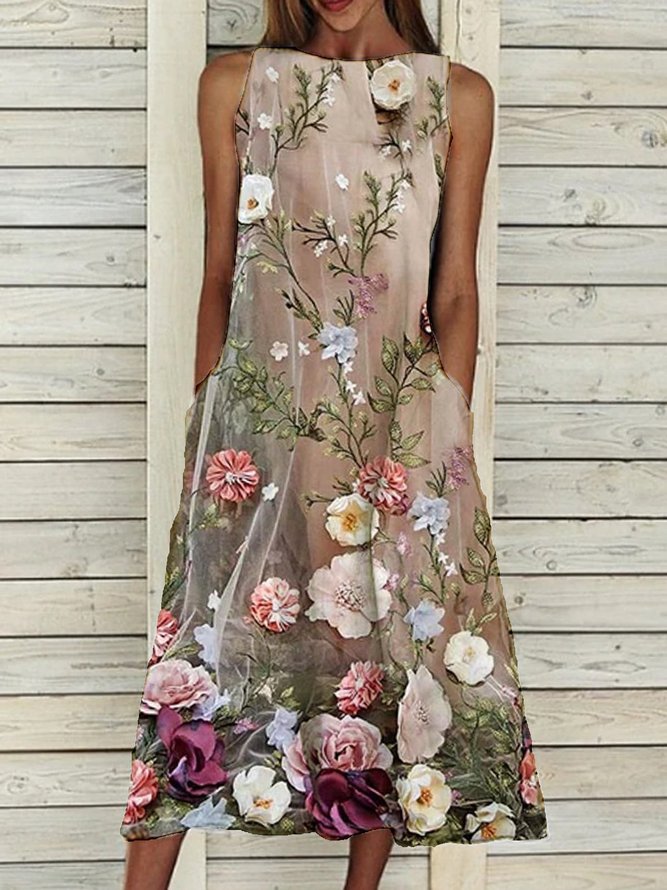 Pockets Crew Neck Sleeveless Floral Weaving Dress