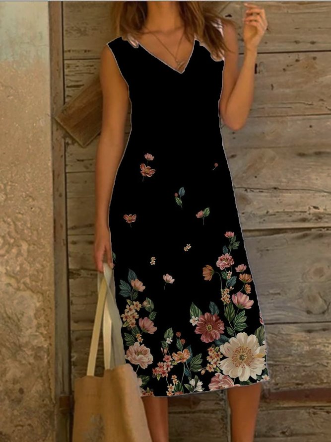 Casual Floral-print Cotton-Blend Sleeveless Midi Weaving Dress