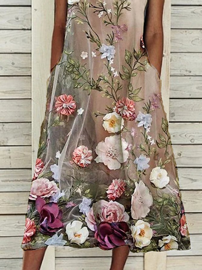 Pockets Crew Neck Sleeveless Floral Weaving Dress