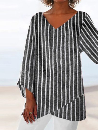 Stripes Casual Long Sleeve High Low Top