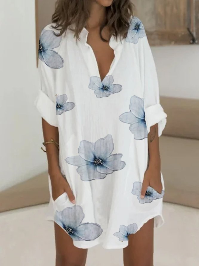Floral Floral-Print Long Sleeve Simple Women Dress