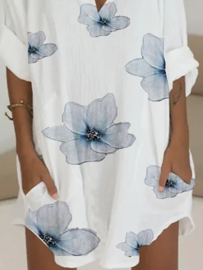 Floral Floral-Print Long Sleeve Simple Women Dress