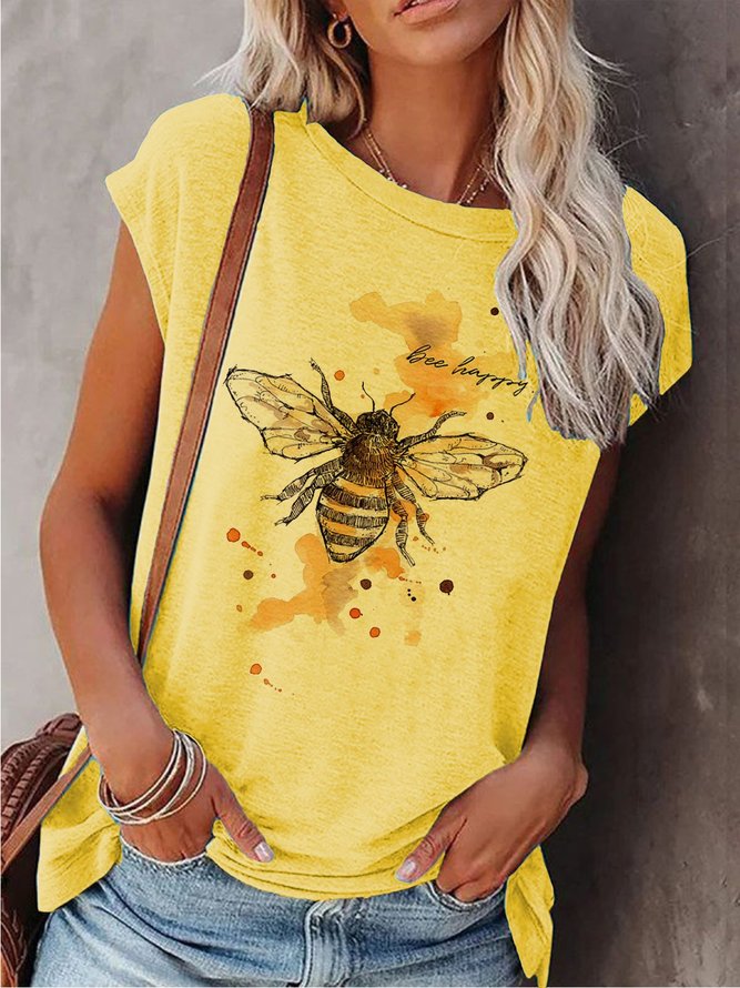 Women Casual Crew Neck Bee Print Short Sleeve Summer T-Shirt