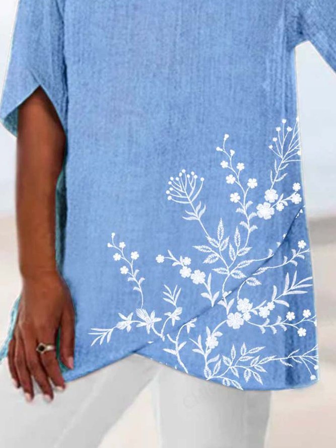Floral  Short Sleeve  Printed  Polyester  V neck Vintage Summer Blue Top