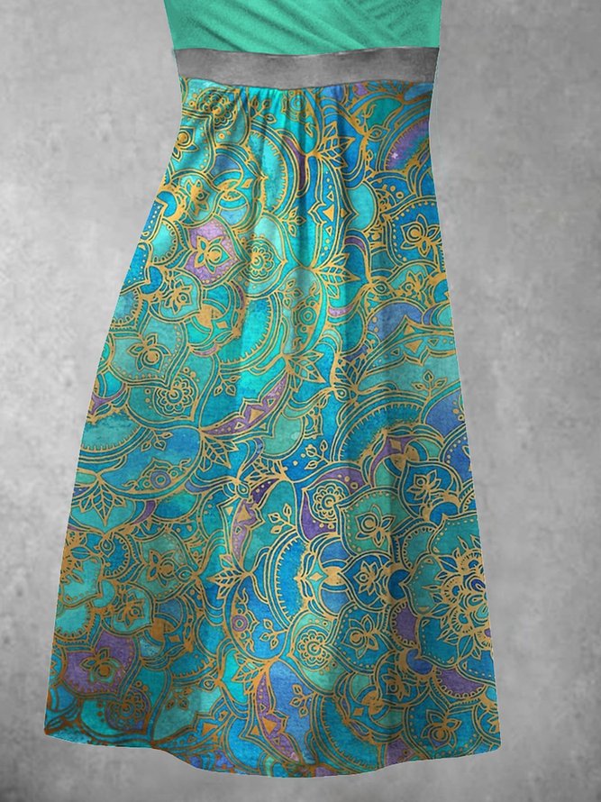 Summer Leisure Vacation Paisley Print Contrast Color V-neck Floral-Print Resort A-Line Knitting Dress