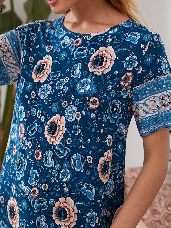 Casual Floral Printed Crew Neck Weaving Dress