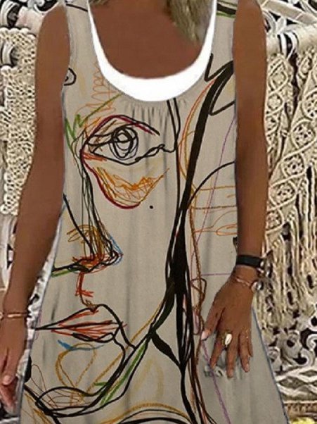 Abstract Printed Sleeveless Cotton-Blend Casual Weaving Dress