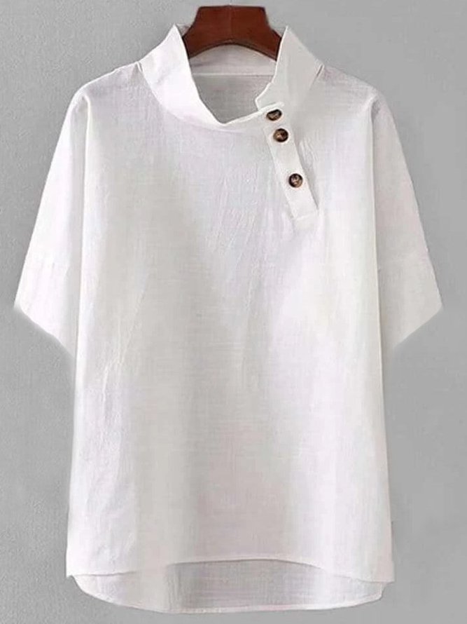 Short Sleeve Cotton Solid Stand Collar Tops
