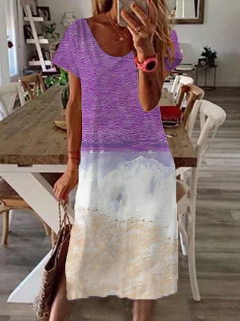 Sea Printed Short Sleeve Holiday Scoop Neckline Knitting Dress