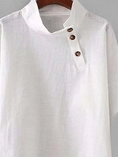 Short Sleeve Cotton Solid Stand Collar Tops