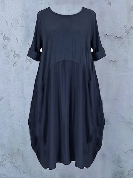 3/4 Sleeve Plain Casual Cotton-Blend Knitting Dress